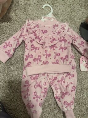Pink Bow-Print Ruffle Kids Matching Set